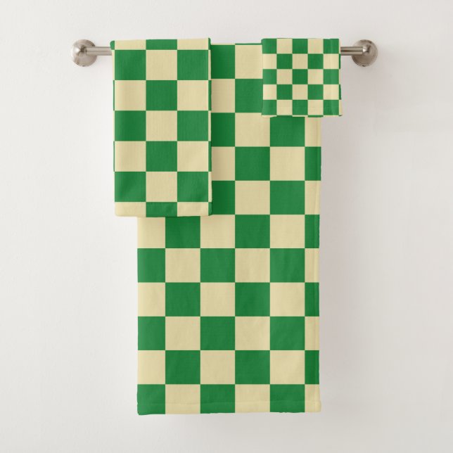 Chequered Dark Green and Beige Bath Towel Set (Insitu)