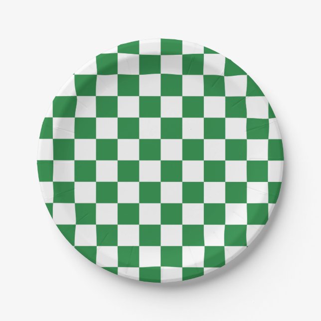 Chequered Dark Green and White Paper Plate (Front)