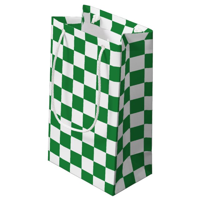 Chequered Dark Green and White Small Gift Bag (Back Angled)