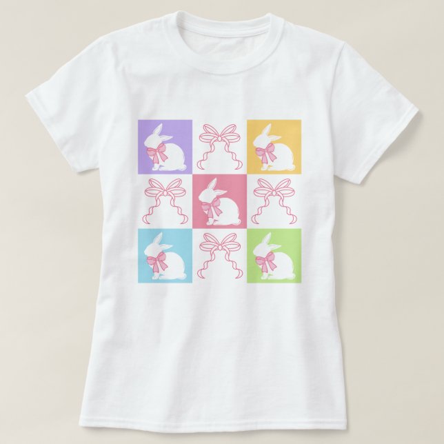 Chequered Easter Bunny with Pink Bows T-Shirt (Design Front)