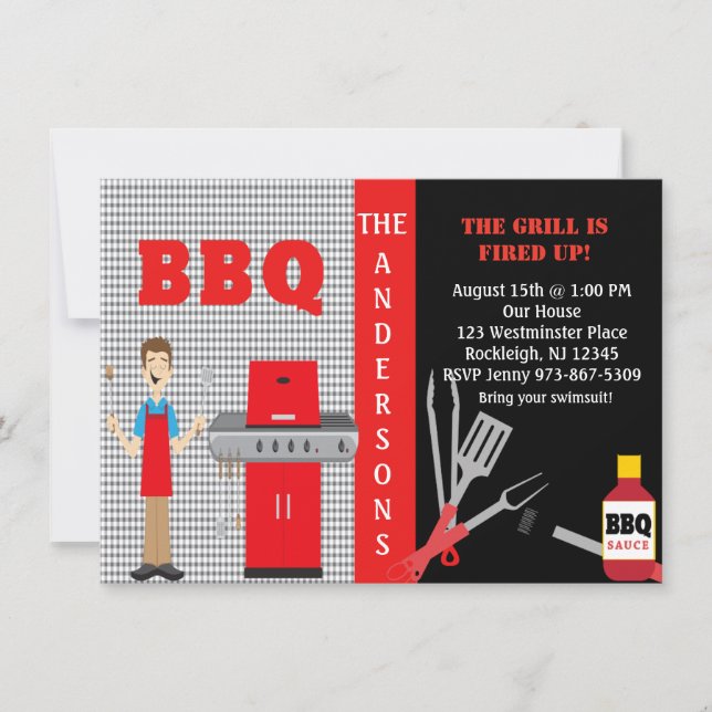 Chequered Fire Up The Grill BBQ Invitation (Front)