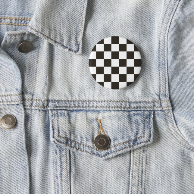 Chequered Flag (Black and White) (Checker Pattern) 6 Cm Round Badge (In Situ)