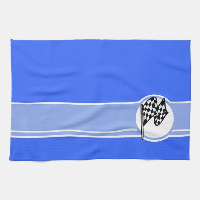 Chequered Flag; Blue Tea Towel (Horizontal)