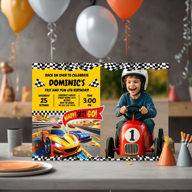 Chequered Flag Party for Children with Photo Invitation (Creator Uploaded)
