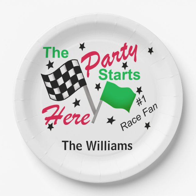Chequered Flag Party Starts Here Name Personalised Paper Plate (Front)