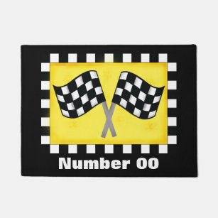 Chequered Flag Race Number Personalised Black Doormat