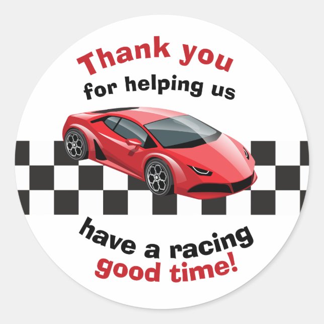 Chequered Flag Red Sports Car Birthday Party Favou Classic Round Sticker (Front)