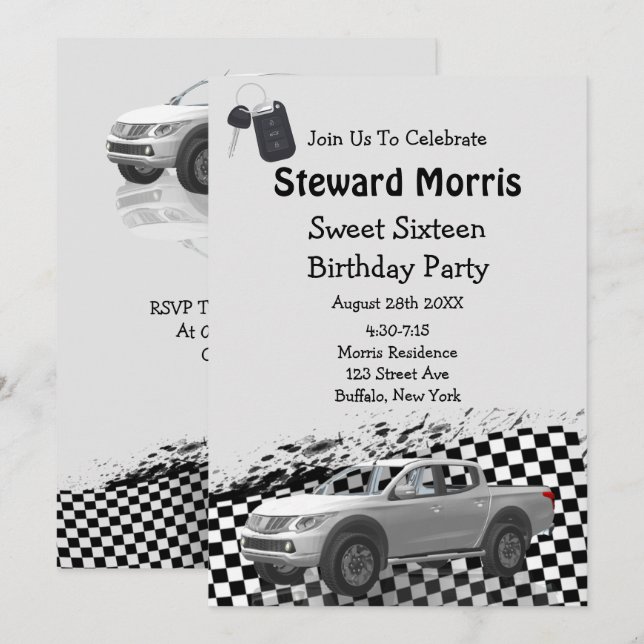 Chequered Flag Truck Sweet Sixteen Birthday Party Invitation (Front/Back)