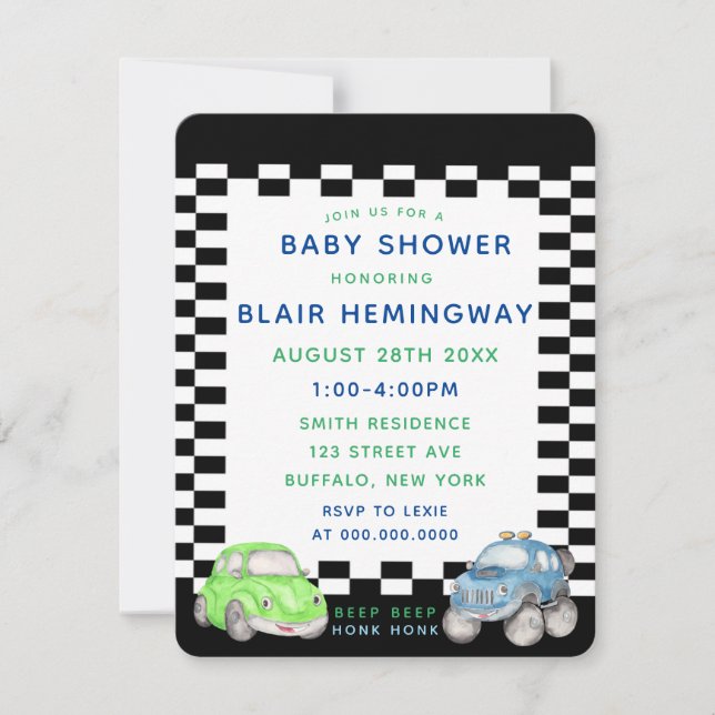 Chequered Flag Watercolor Cars Boy Baby Shower Invitation (Front)