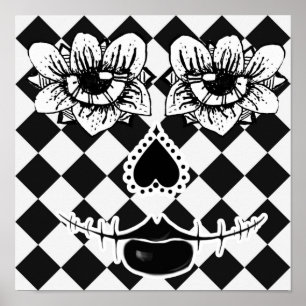 Chequered Flower Face Black and White Surreal Ar Poster