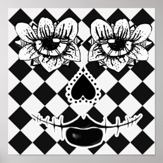 Chequered Flower Face | Black and White Surreal Ar Poster