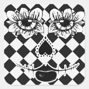 Chequered Flower Face   Surreal Square Sticker