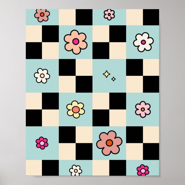 Chequered Flower Pattern Mint Retro Check Poster (Front)
