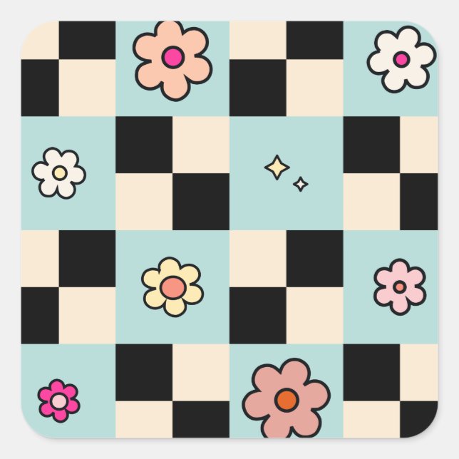 Chequered Flower Pattern Mint Retro Check Square Sticker (Front)