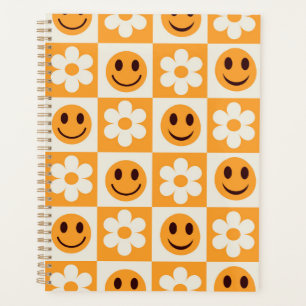 Chequered flowers and happy faces Orange planner