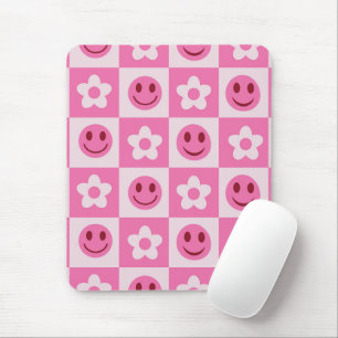 Chequered flowers and happy faces pink mouse mat