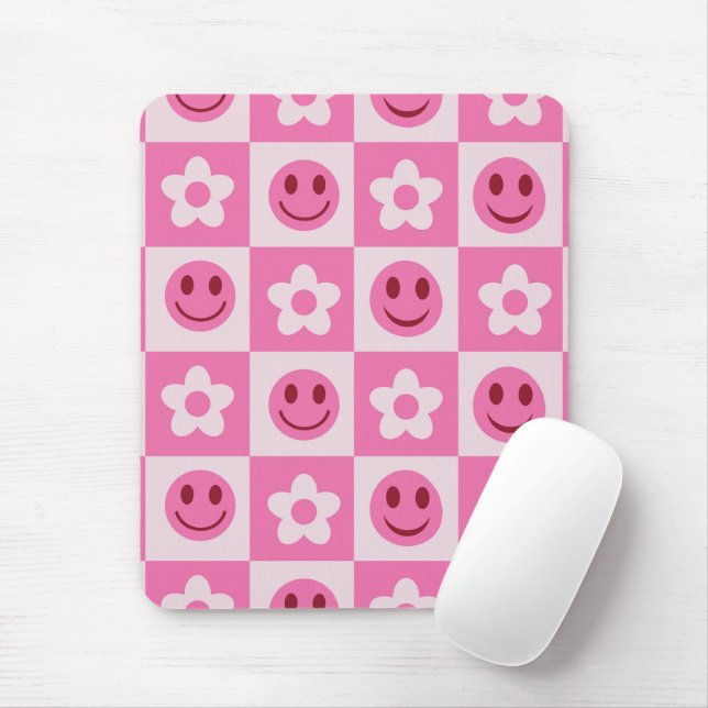 Chequered flowers and happy faces pink  mouse mat (With Mouse)