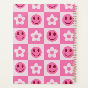 Chequered flowers and happy faces pink planner
