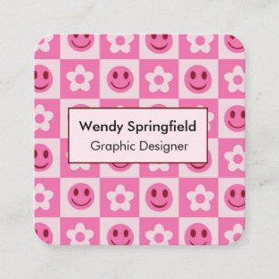 Chequered Flowers and Happy Faces Pink    Square Business Card