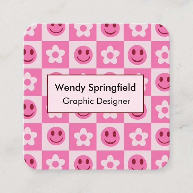 Chequered Flowers and Happy Faces Pink    Square Business Card (Front)
