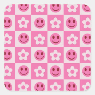 Chequered flowers and happy faces pink    square sticker