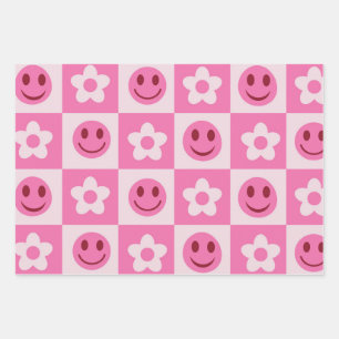 Chequered flowers and happy faces pink   wrapping paper sheet