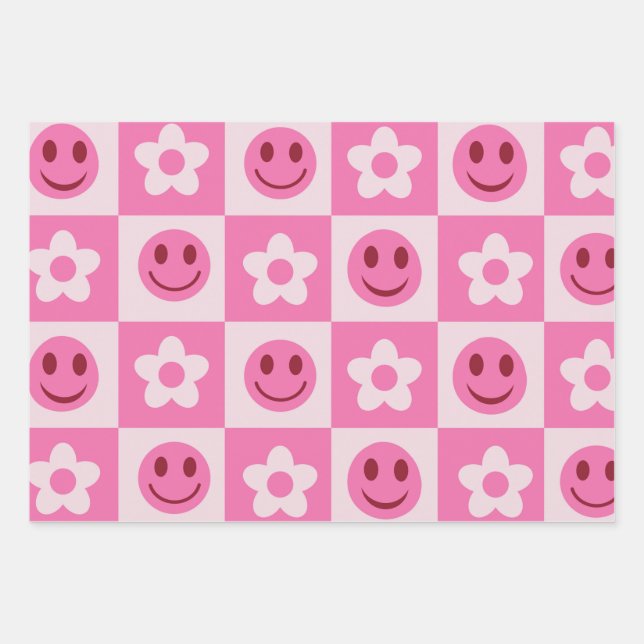 Chequered flowers and happy faces pink   wrapping paper sheet (Front)