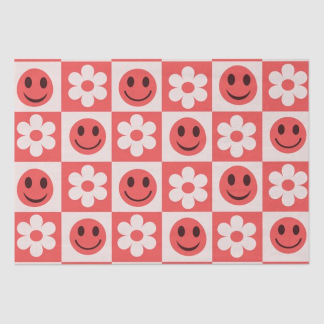 Chequered Flowers and Happy Faces Red  Tissue Paper (Front)