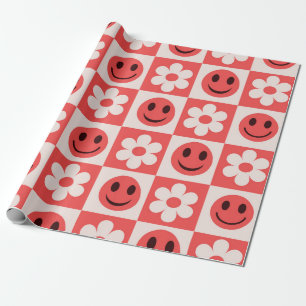 Chequered Flowers and Happy Faces Red  Wrapping Paper