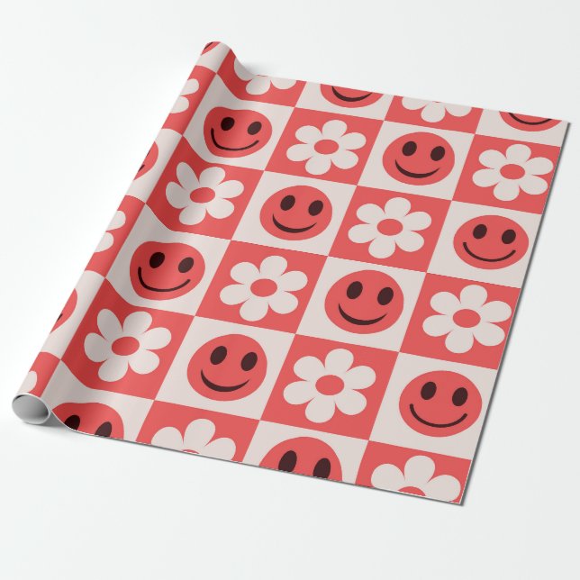 Chequered Flowers and Happy Faces Red  Wrapping Paper (Unrolled)
