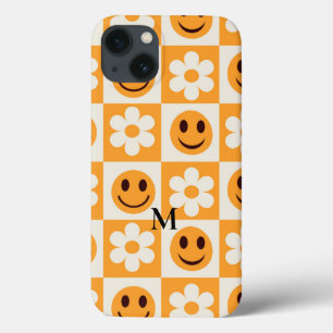 Chequered flowers and orange smiling faces custom  iPhone 13 case