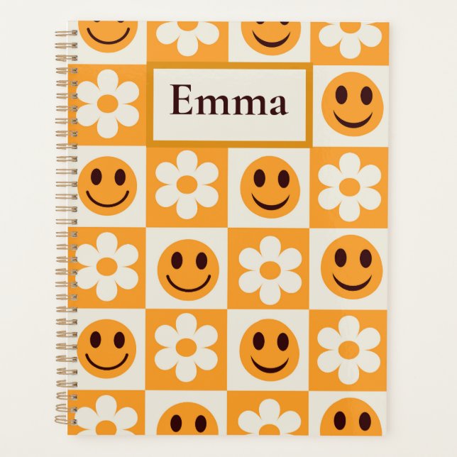 Chequered flowers and orange smiling faces custom  planner (Front)