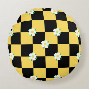 Chequered flowers yellow white and black round cushion