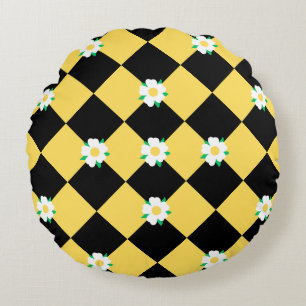Chequered flowers yellow white and black round cushion