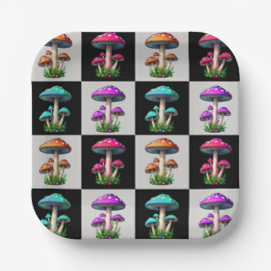 Chequered Geometric Mushroom Paper Plate