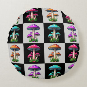 Chequered Geometric Mushroom Round Cushion