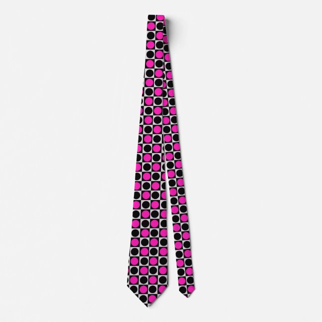 Chequered Geometric Pink Black Circle Polka Dots  Tie (Front)