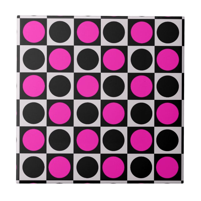 Chequered Geometric Pink Black Circle Polka Dots  Tile (Front)