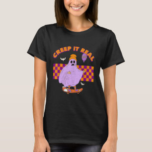 Chequered Ghost Skateboard Creep It Real Halloween T-Shirt