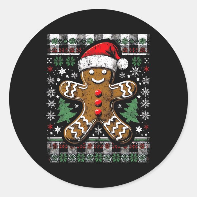 Chequered Gingerbread Man Distressed Ugly Christma Classic Round Sticker (Front)