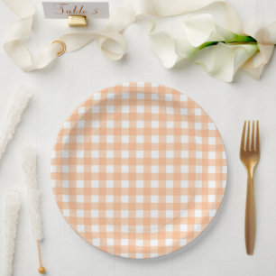 Chequered Gingham Check Plaid Pattern Peach Paper Plate
