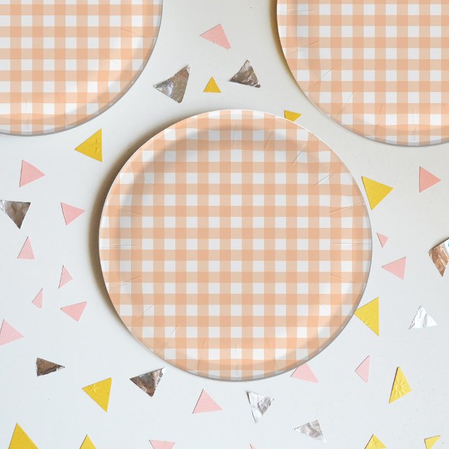 Chequered Gingham Check Plaid Picnic Peach  Paper Plate (Creator Uploaded)