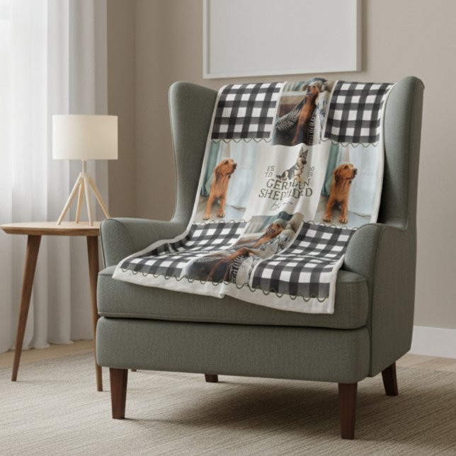 Chequered Gingham German Shepherd Pet Four Photo Fleece Blanket (Cozy up with this Checkered Gingham German Shepherd Pet Four Photo Fleece Blanket!)
