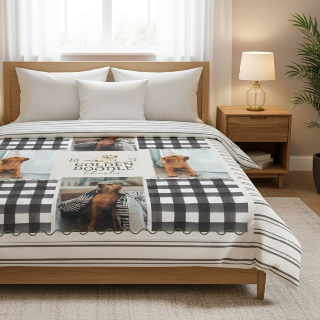 Chequered Gingham Golden Doodle Pet Four Photo Fleece Blanket (Cozy up with this Checkered Gingham Golden Doodle Pet Four Photo Fleece Blanket!)