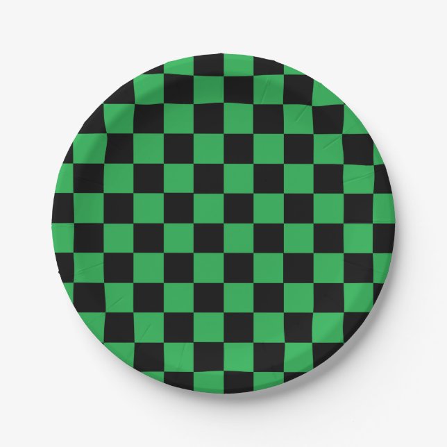 Chequered Green and Black Paper Plate (Front)