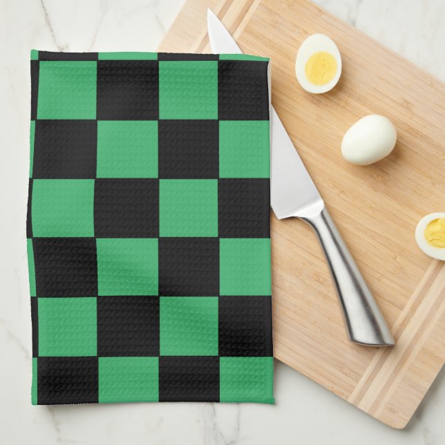 Chequered Green and Black Tea Towel (Quarter Fold)