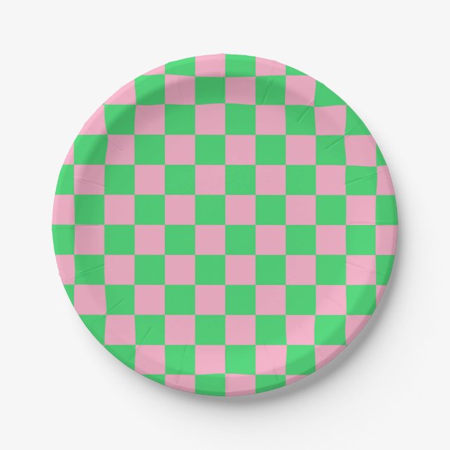 Chequered Green and Pink Paper Plate (Front)