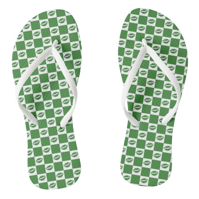 Chequered Green and White Lips Clover Pattern Flip Flops (Footbed)