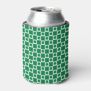 Chequered Green and White Shamrock Clover Pattern Can Cooler