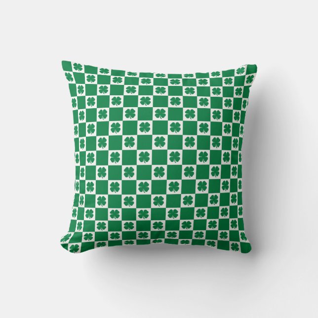 Chequered Green and White Shamrock Clover Pattern Cushion (Front)
